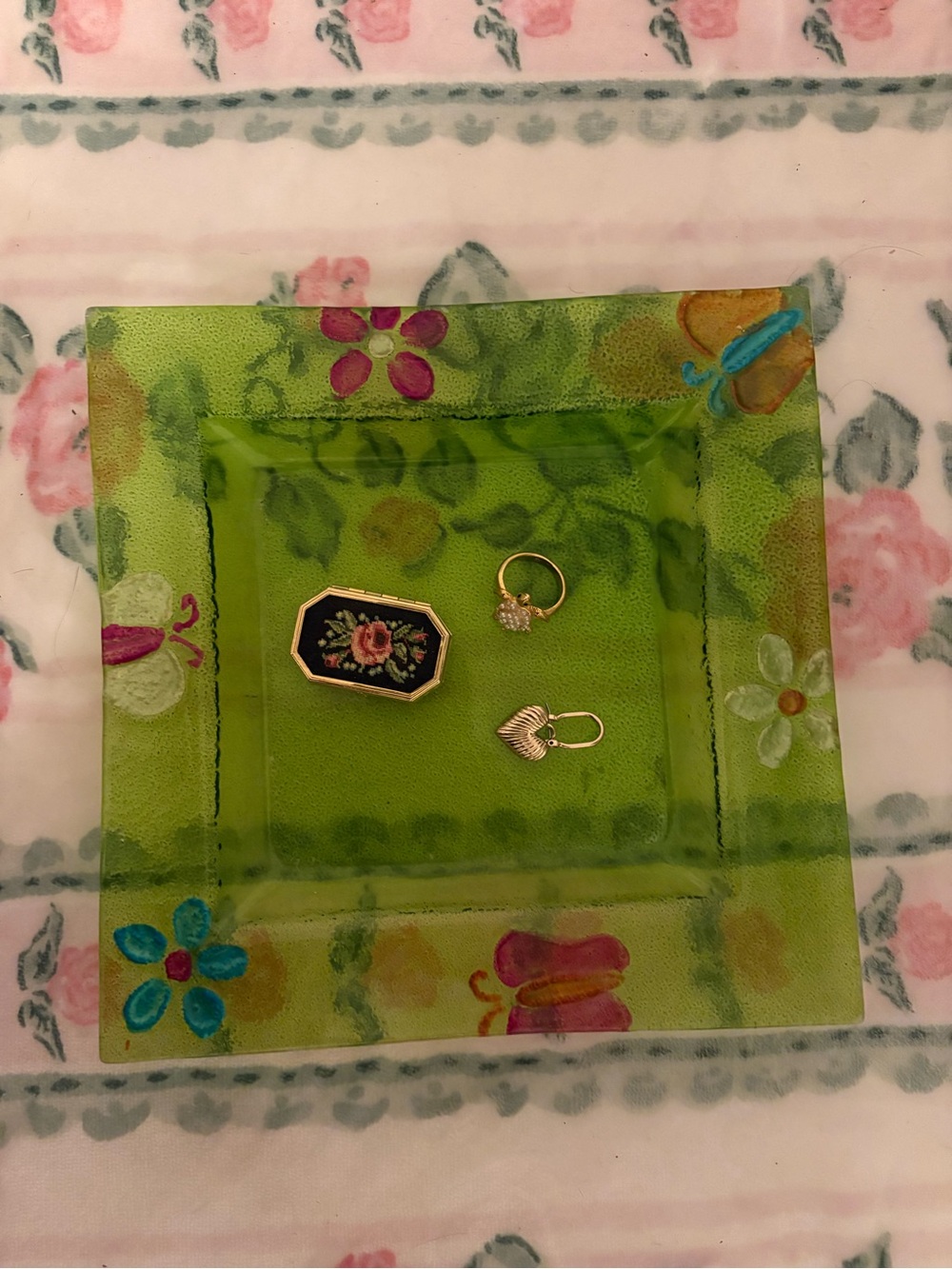 Vintage Green Floral Decorative Glass Tray with Small Jewelry